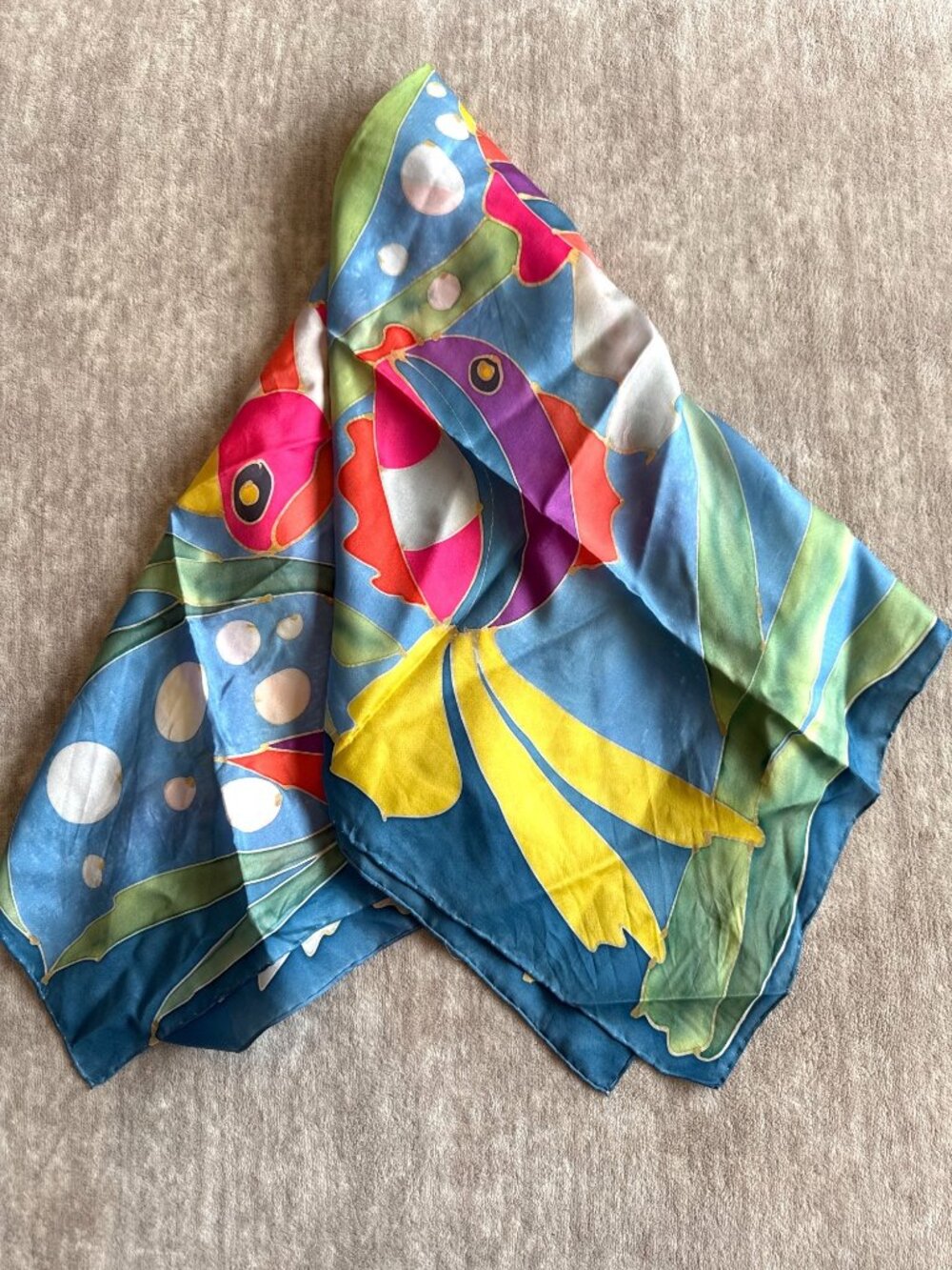 Vibrant Fish Bubbles Square Signed Caroline England Silk Scarf Spring Summer